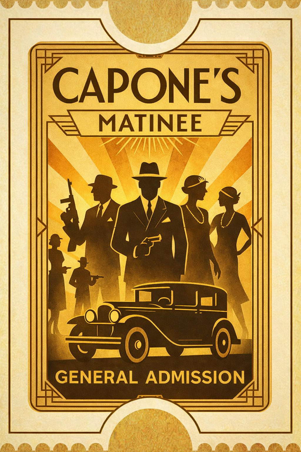 Vintage-style poster for 'Capone's Matinee' with silhouettes of people and a car.