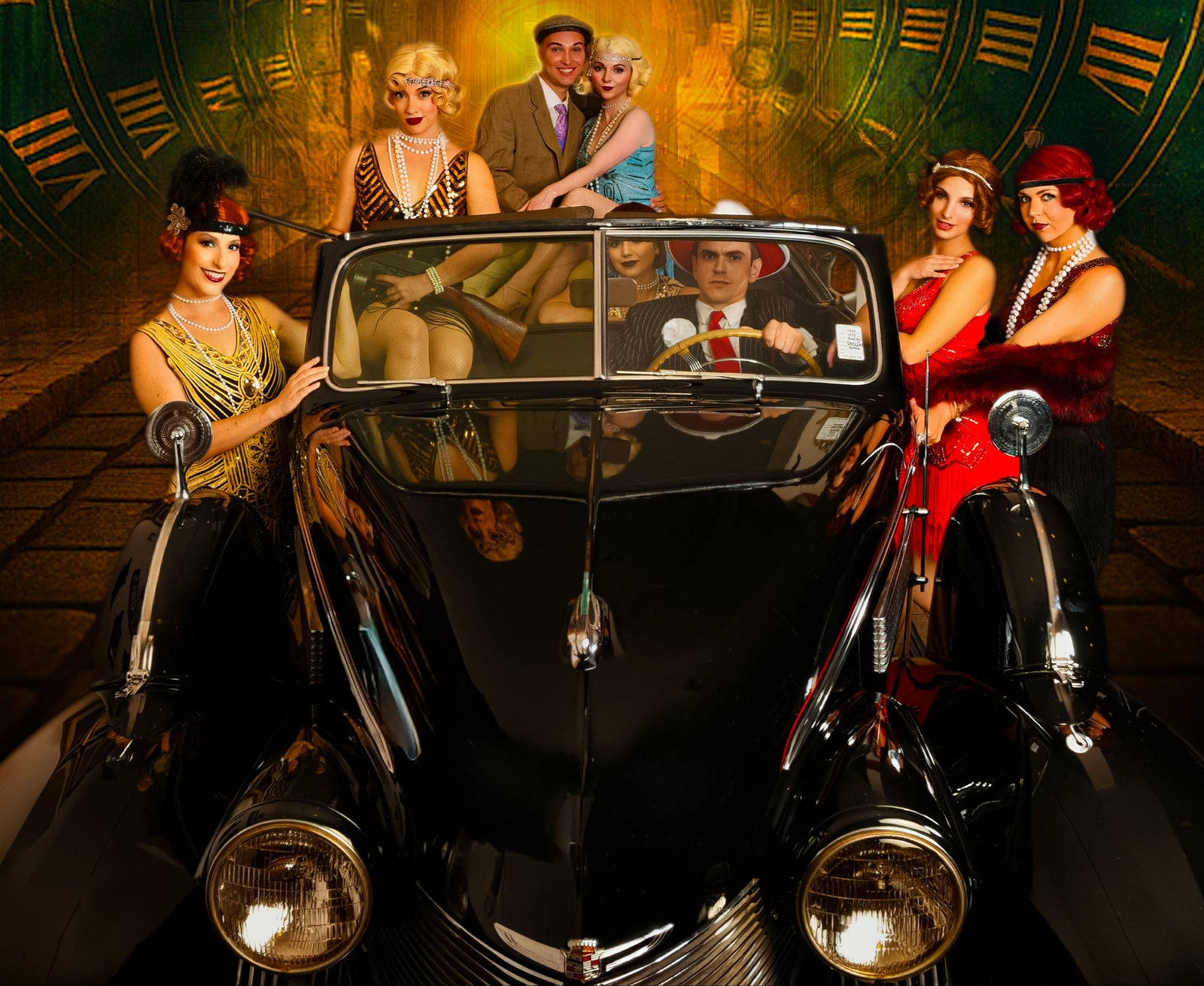 Vintage car with people in a themed setting, featuring 'Capone's Underground' logo.
